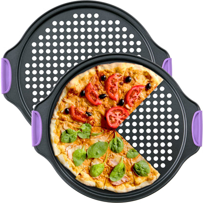 Amazing Abby - Chef Stacy - 2-Pack 13-Inch Non-Stick Pizza Pan with Holes, Perforated Pizza Crisper with Heat-Resistant Silicone Handle Grips, Oven-Safe Bakeware, Carbon Steel Baking Pan for Oven