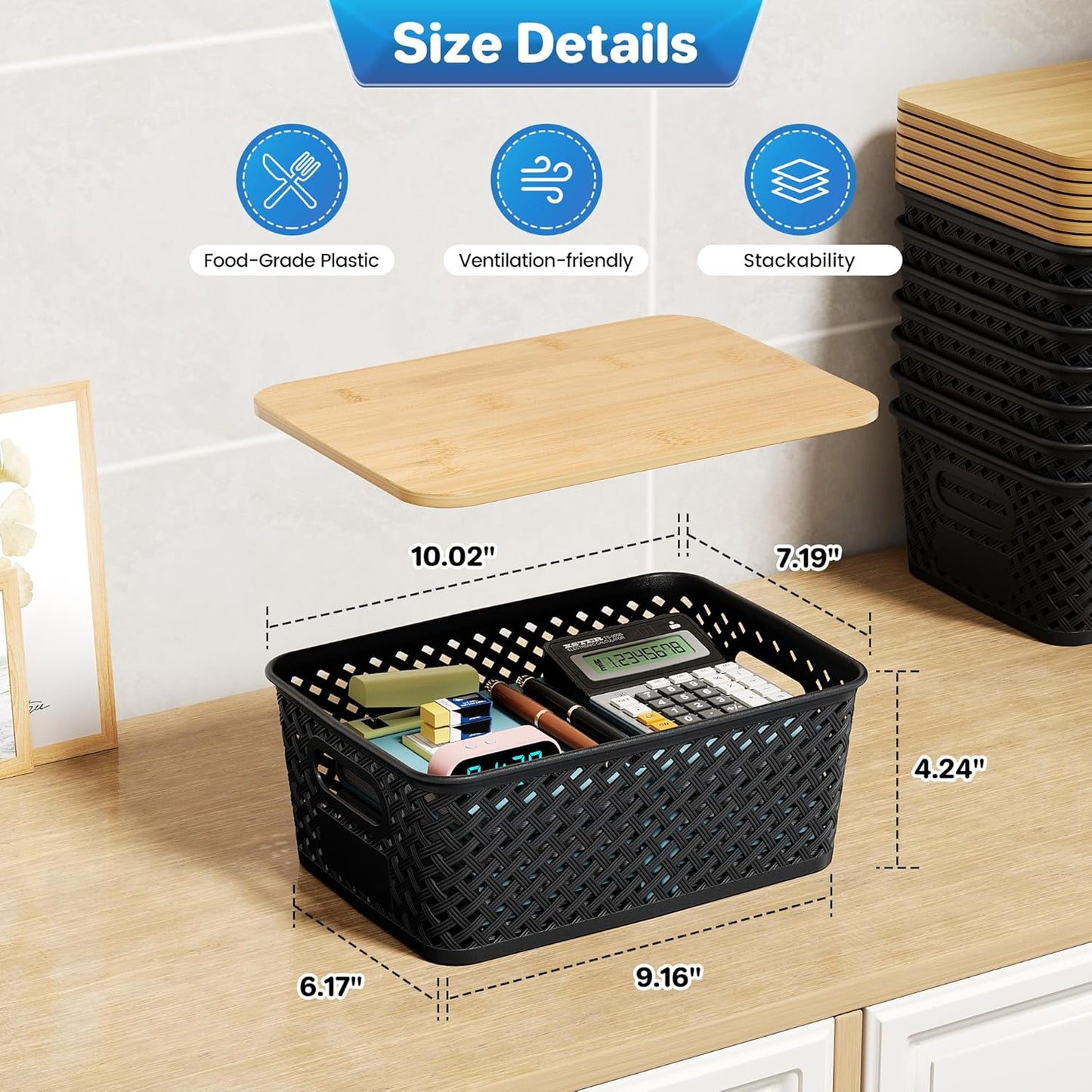 Anysig Plastic Storage Bins - 8 Pack Stackable Bins with Bamboo Lids for Organizing | Black