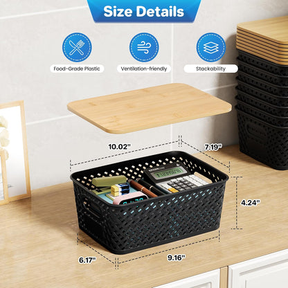 Anysig Plastic Storage Bins - 8 Pack Stackable Bins with Bamboo Lids for Organizing | Black