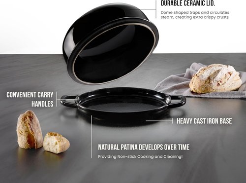 Kook Enameled Cast Iron Bread Oven - Versatile Baking Pan with Ceramic Lid & Handles | Black