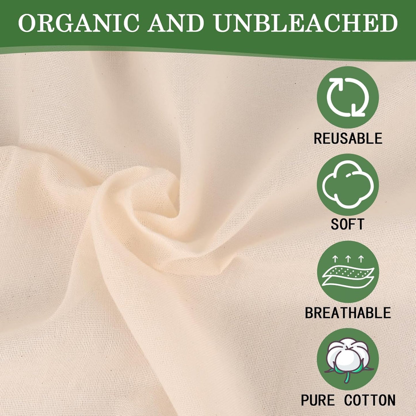 WMKGG Reusable Unbleached Cotton Cheese Cloth - 20x20 Inch, Grade 100, Precut for Straining & Cooking