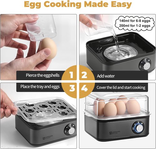 Annie & Mia Design Stainless Steel Electric Egg Cooker - 8 Egg Capacity, Auto Shut-Off, Recipe Guide (Black)