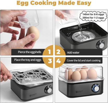 Annie & Mia Design Stainless Steel Electric Egg Cooker - 8 Egg Capacity, Auto Shut-Off, Recipe Guide (Black)