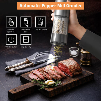 RUIVOKUR Automatic Salt and Pepper Grinder Set, Electric Salt and Pepper Grinder Set Rechargeable with Charging Base, 2 Pack USB Electric Pepper Grinder with Adjustable Coarseness for Kitchen
