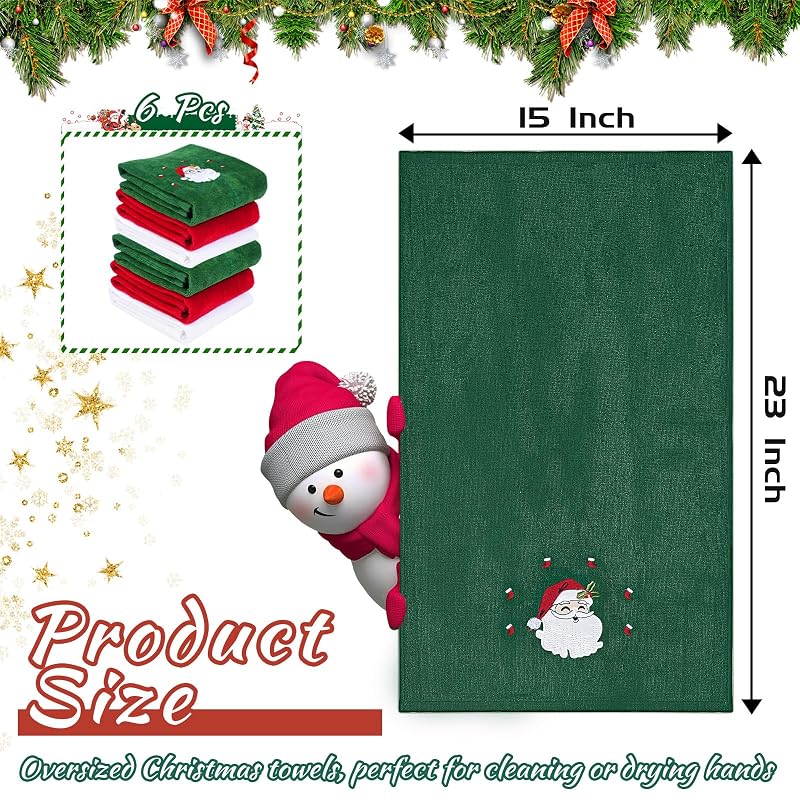 6 Pcs Christmas Hand Towels for Bathroom & Kitchen with Embroidery - 15 x 23 Inches, 100% Cotton (Variation: 6pcs)