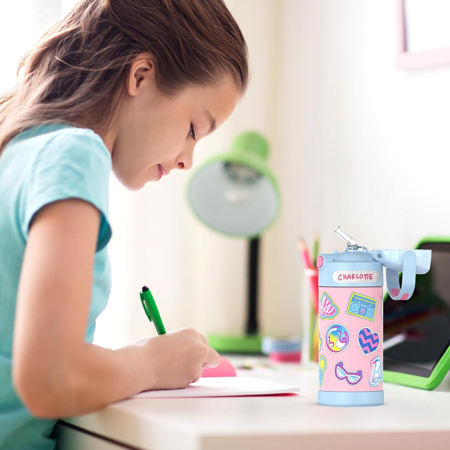 THERMOS FUNTAINER Water Bottle - 12 Ounce Kids Stainless Steel Vacuum Insulated with Straw - Barbie Design