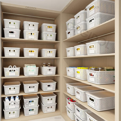 ORGIDOL Plastic Storage Baskets - 10 Pack Stackable Bins with Lids for Organizing | White