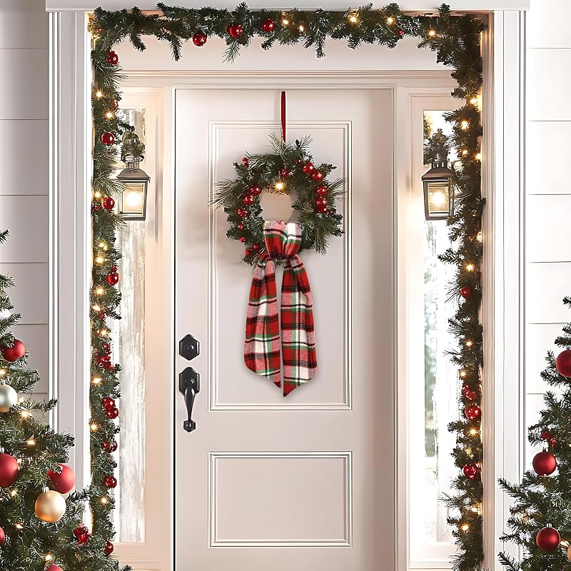 Red Plaid Burlap Wreath Sash for Front Door - Holiday Christmas Ribbon Accessory (Variation: Red Plaid)