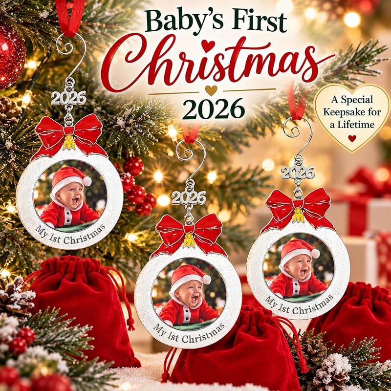 Baby’s First Christmas Photo Ornament Set of 3 - 3 Inch White Glitter Bulb, Red Bow & 2026 Charm (Variation: 3 Pack)