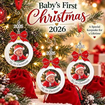 Baby’s First Christmas Photo Ornament Set of 3 - 3 Inch White Glitter Bulb, Red Bow & 2026 Charm (Variation: 3 Pack)