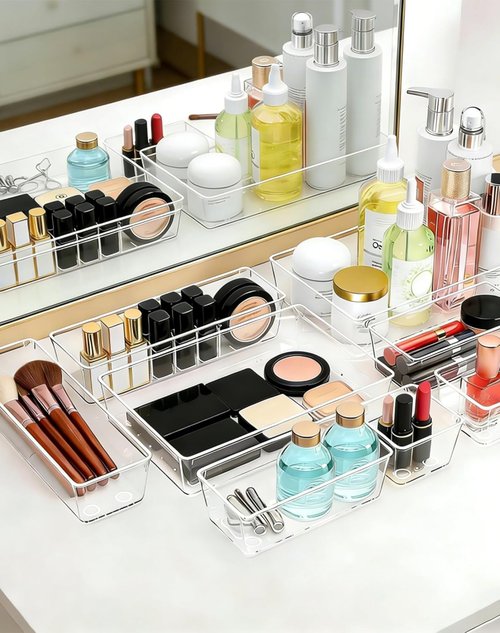 Clear Plastic Drawer Organizers by [Brand Name] - 45 Stackable Storage Bins for Makeup, Kitchen, Office