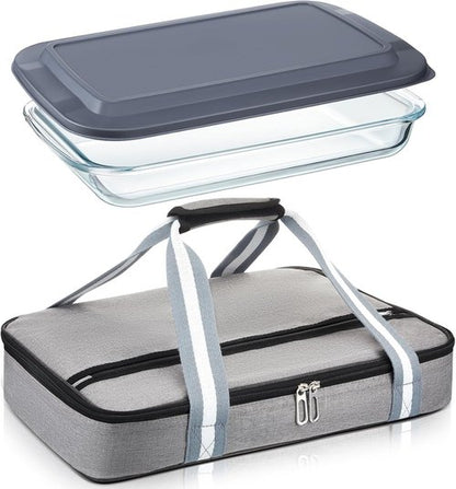 FoldTier Glass Baking Dish - 9 x 13 Inch Casserole with Lid & Insulated Carrier for Hot or Cold Food