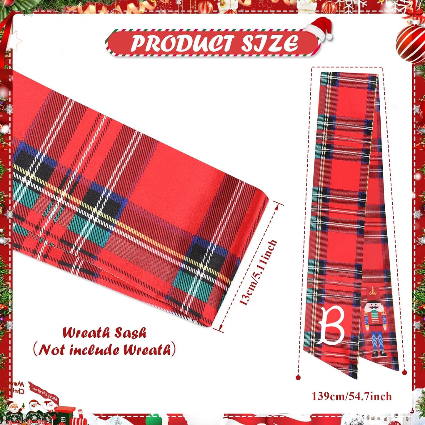 Regine Switzerland Christmas Wreath Sash - Red Plaid Nutcracker Monogram Satin Decor | 2 Pcs
