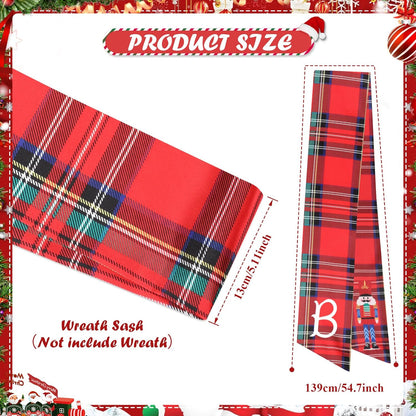 Regine Switzerland Christmas Wreath Sash - Red Plaid Nutcracker Monogram Satin Decor | 2 Pcs