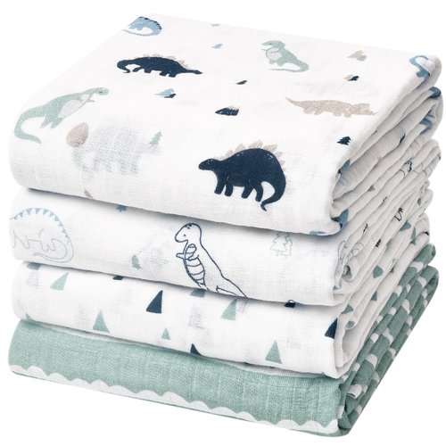 david's kids 4 Pack Baby Muslin Swaddle Blankets, 100% Cotton and Ultra Soft Breathable Receiving Blanket Wrap for Boys Girls, New Born Essentials, Large 47 x 47 inches, Dinosaur