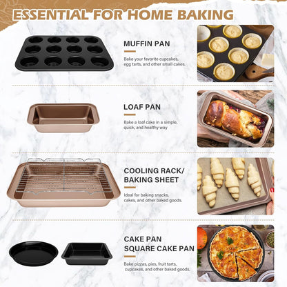 Skiennix Nonstick Bakeware Set - 15-Piece Baking Pan Collection with Cooling Rack & Accessories | Oven Safe Metal