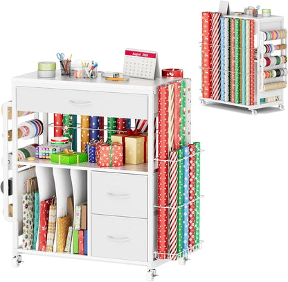 PUNLUXU Wrapping Paper Storage Cart - Rolling Gift Wrap Station with Ribbon & Gift Bag Holder