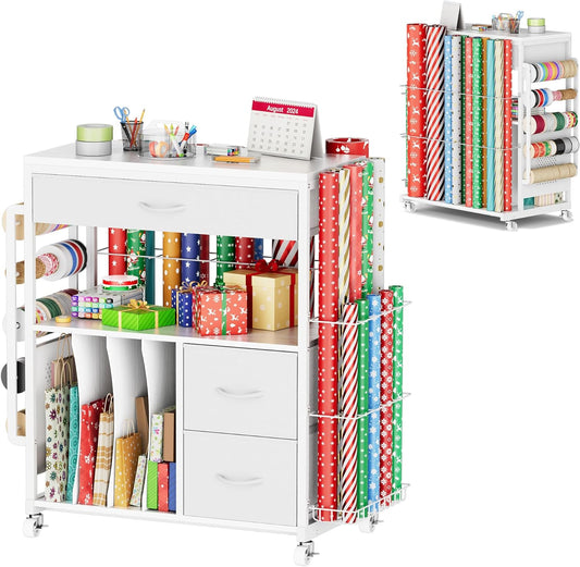 PUNLUXU Wrapping Paper Storage Cart - Rolling Gift Wrap Station with Ribbon & Gift Bag Holder
