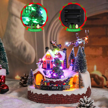 Vipush Christmas Village House Decorations - Resin Train Set with LED Lights & 8 Holiday Songs | Flying Santa Figurines