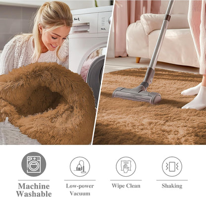 OLANLY Round Khaki Area Rug - Soft, Fluffy, Machine Washable 9 ft Circle Carpet for Bedroom & Living Room