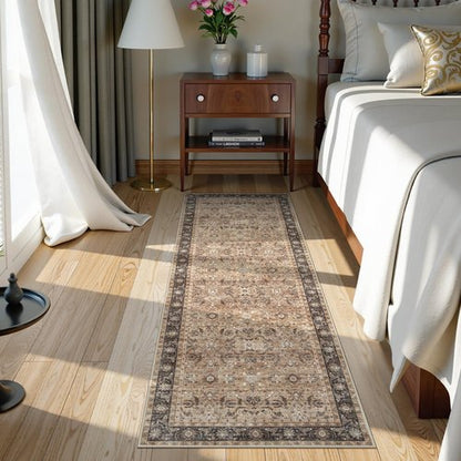 Collive 2x6 Rug Runners for Hallway, Washable Boho Kitchen Runner Rugs Non Slip Vintage Laundry Room Carpets, Low Pile Bathroom Rug Stain Resistant Soft Bedroom Carpet for Entry, Beside, Brown