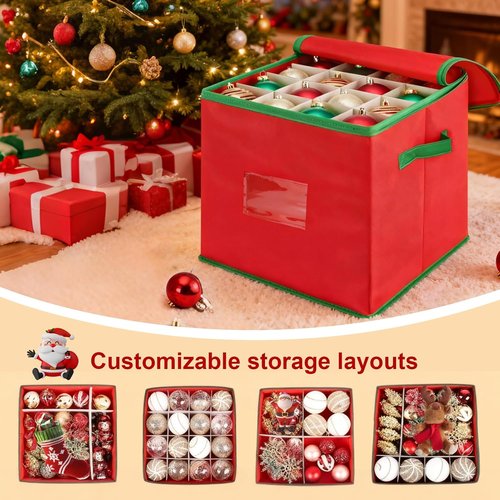Christmas Ornament Storage Box - Red Oxford Canvas Case for 64 Ornaments | 4 Removable Trays