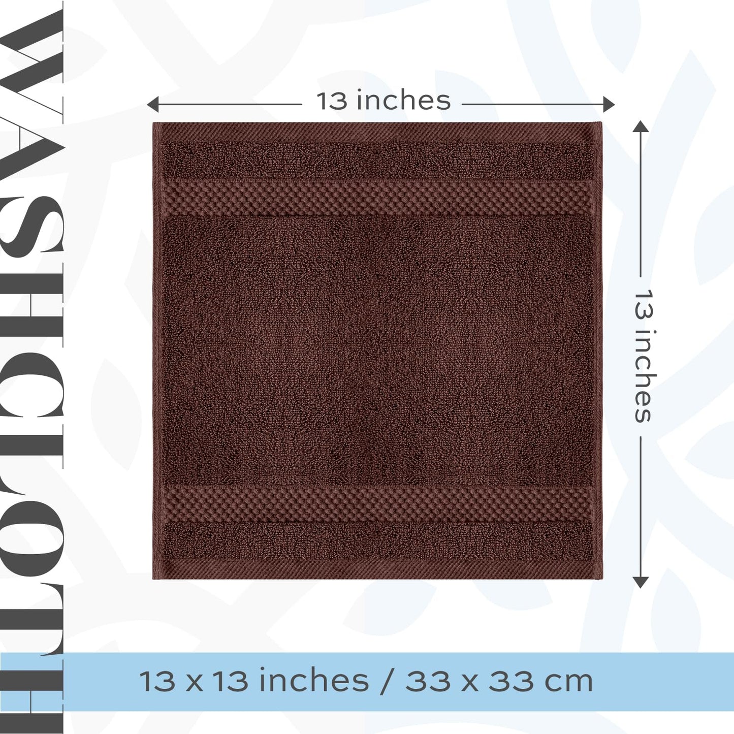 White Classic Luxury Cotton Washcloths 13x13 Inch - 650 GSM Turkish Cotton | Hotel, Spa, Bathroom Face Towel | 12 Pack, Brown