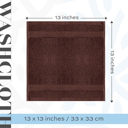 White Classic Luxury Cotton Washcloths 13x13 Inch - 650 GSM Turkish Cotton | Hotel, Spa, Bathroom Face Towel | 12 Pack, Brown