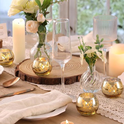Gold Votive Candle Holders Set by [Brand Name] - 12 PCS Decorative Tea Light Holders with Butterfly Pattern for Weddings, Birthdays, and Holidays