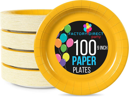 Skiennix Heavy-Duty Yellow Disposable Paper Plates - 9 Inch, 100 Pcs for Parties & Events