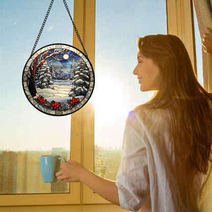 DASTOLL Stained Glass Window Hanging - Winter Snow Night Scenery Suncatcher | 7.8" Home Decor Gift for All