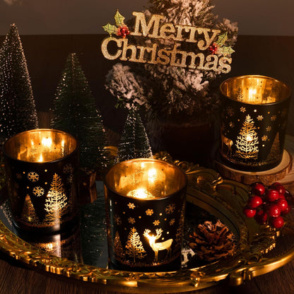 Skiennix Votive Candle Holders - Black & Gold Glass Tealight Set of 3 | Christmas Elk & Snowflake Design