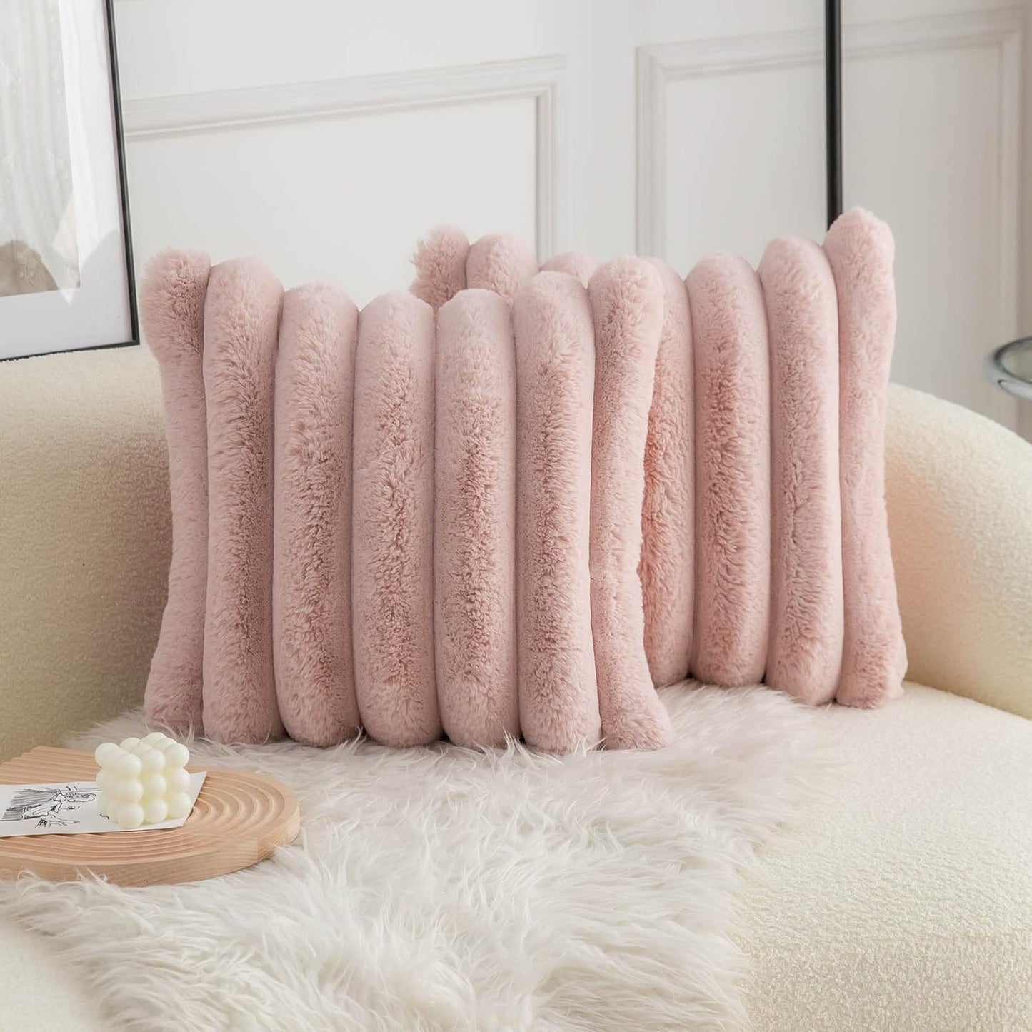 Neelvin Pink Faux Fur Throw Pillow Covers - Cozy Soft Striped Design | Set of 2, 18x18 Inch Velvet Cushion Cases for Sofa