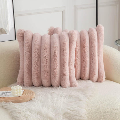 Neelvin Pink Faux Fur Throw Pillow Covers - Cozy Soft Striped Design | Set of 2, 18x18 Inch Velvet Cushion Cases for Sofa
