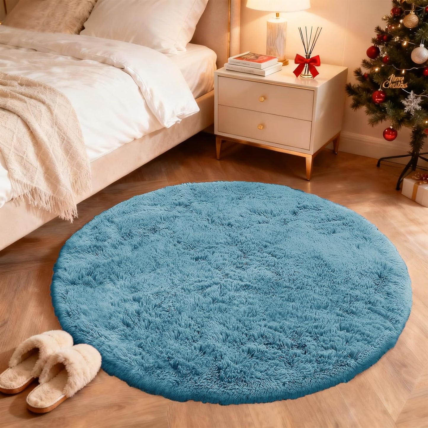 OLANLY Round Slate Blue Area Rug - Soft, Fluffy & Machine Washable 3 ft Circle Carpet for Bedroom & Living Room