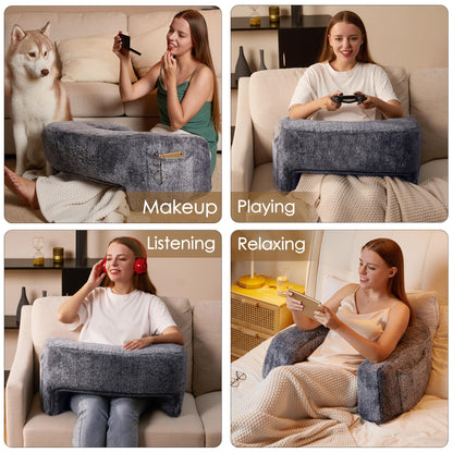 Homguava Reading Pillow Memory Foam Gaming Pillow Arm Rest Pillow with Side Pocket Large Furry Pillow for Adults Perfectly Fitting Your Body for Reading, Gaming, Working (Furry Grey)