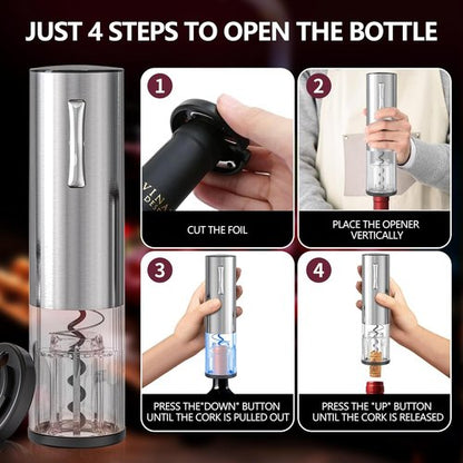 4-in-1 Rechargeable Electric Wine Opener Wine Aerator Gift Set with Electric Wine Decanter, Wine Stopper, Foil Cutter, Automatic Electric Wine Bottle Opener for Home Bar Parties, Stainless Steel