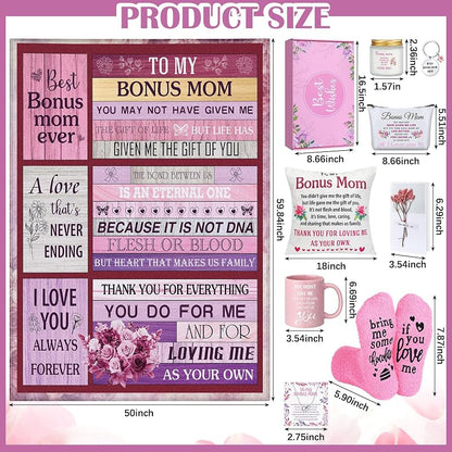 Gift Set for Stepmom - 11 Pcs Blanket, Mug, Makeup Bag, Socks, Pillowcase & More