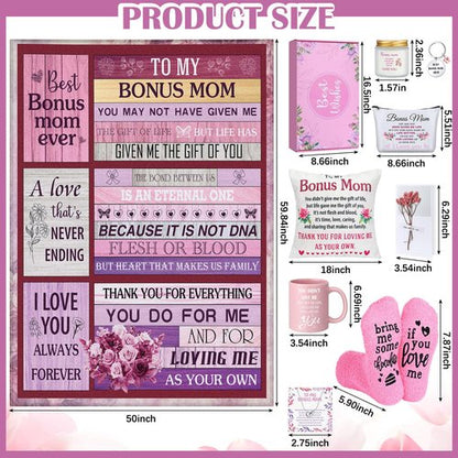 Dingion 11 Pcs Bonus Mom Gifts Set Stepmom Birthday Gifts with Makeup Bag Mug 50" x 60" Throw Blanket Socks Keychain Pillow