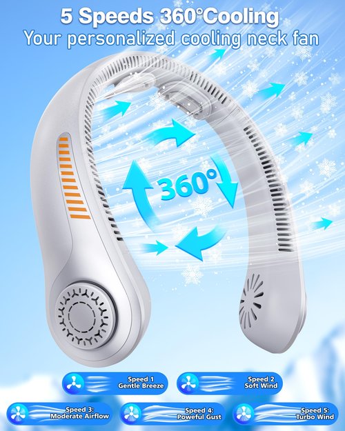 EYERZ Portable Neck Fan - Rechargeable Personal Fan with Neck Support, 5-Speed Quiet Lightweight Long Lasting Neck Fan, Fathers Day, Mothers Day Gifts, Full Surround Cooling for Travel, Hot Flashes