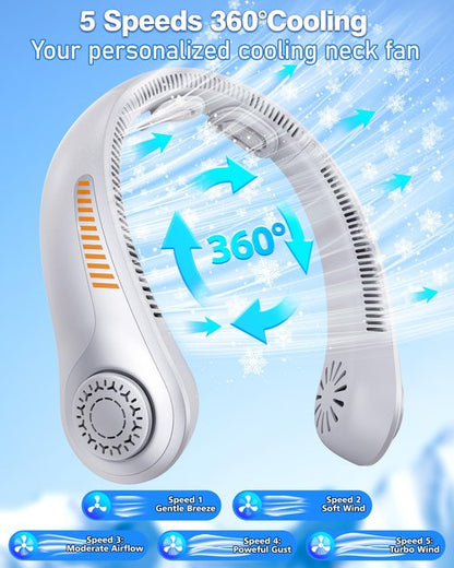 EYERZ Portable Neck Fan - Rechargeable Personal Fan with Neck Support, 5-Speed Quiet Lightweight Long Lasting Neck Fan, Fathers Day, Mothers Day Gifts, Full Surround Cooling for Travel, Hot Flashes