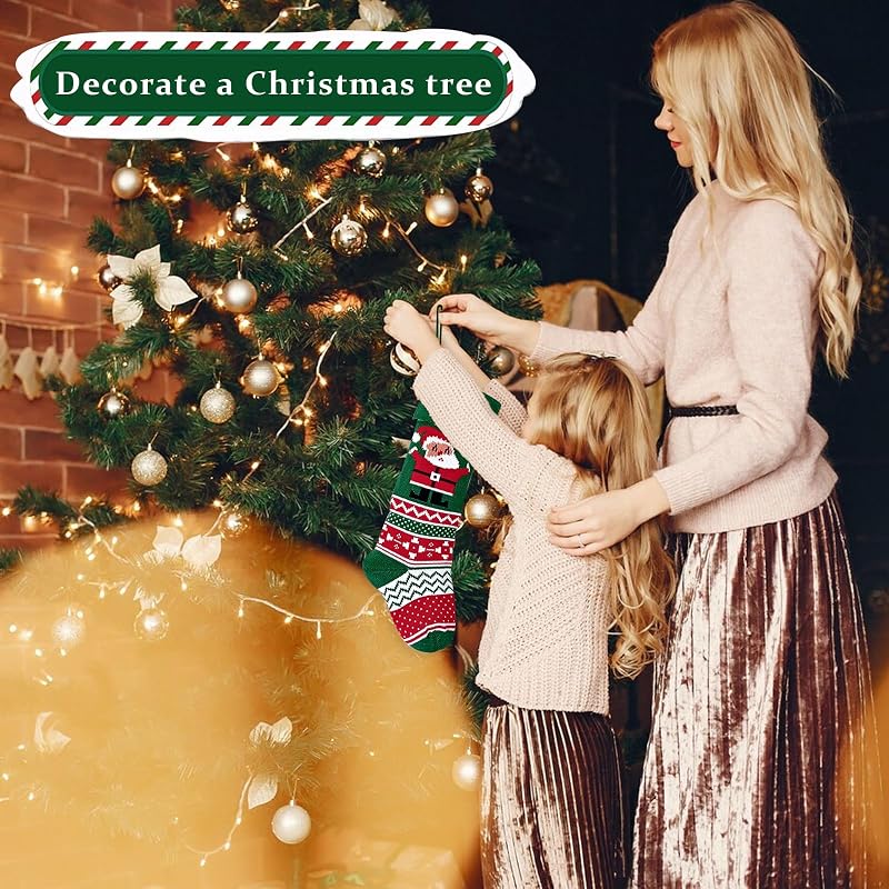 Large Knit Christmas Stockings with Santa Embroidery - Red & Green Xmas Stockings (Variation: Santa)