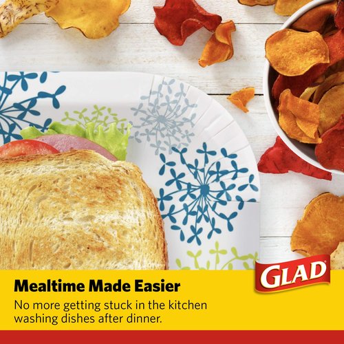 Glad Everyday Round Paper Plates, Blue Hydrangea Print Disposable Dessert and Appetizer Plates for Meals and Parties, Soak Proof and Cut Resistant, Microwave Safe Tabletop Plates, 7 Inch, 50 Count