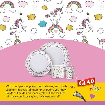 Glad for Kids Unicorn Theme Kids Plates, Heavy-Duty Round Disposable Paper Plates with Soak-Proof Coating, Microwave Safe for Snacks & Meals, Cute Unicorn Print, 8.5 Inch, 20 Count