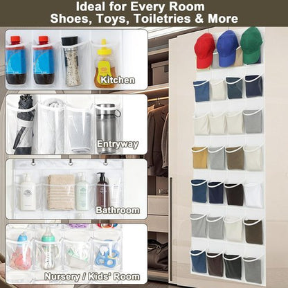 Bofoho Over the Door Shoe Organizer with 24 Crystal Clear Pockets and Metal Hooks – Heavy Duty Hanging Shoe Storage Rack for Closet, Bathroom, Dorm – Space Saving for Shoes, Accessories, Toys (White)