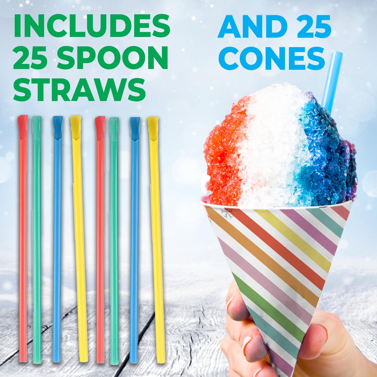 Snow Cone Machine set with 3 Flavors, 25 Cone Cups, 25 Straws, 4 Ice Molds - Strawberry, Blue Raspberry, Grape - Hawaiin Slushie Flavors - Electric Shaved Ice Maker Kit for Kids Birthday Gift Party