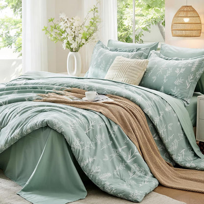 MUXHOMO Queen Comforter Set - 7-Piece Sage Green Bedding with Reversible Botanical Design & Ultra Soft Fabric