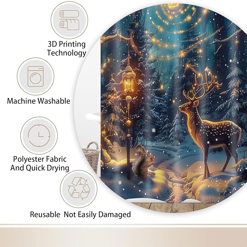 Christmas Shower Curtain Set 72x72 in with Hooks — Green Winter Reindeer Snowy Forest