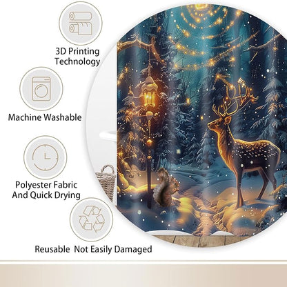 Christmas Shower Curtain Set 72x72 in with Hooks — Green Winter Reindeer Snowy Forest