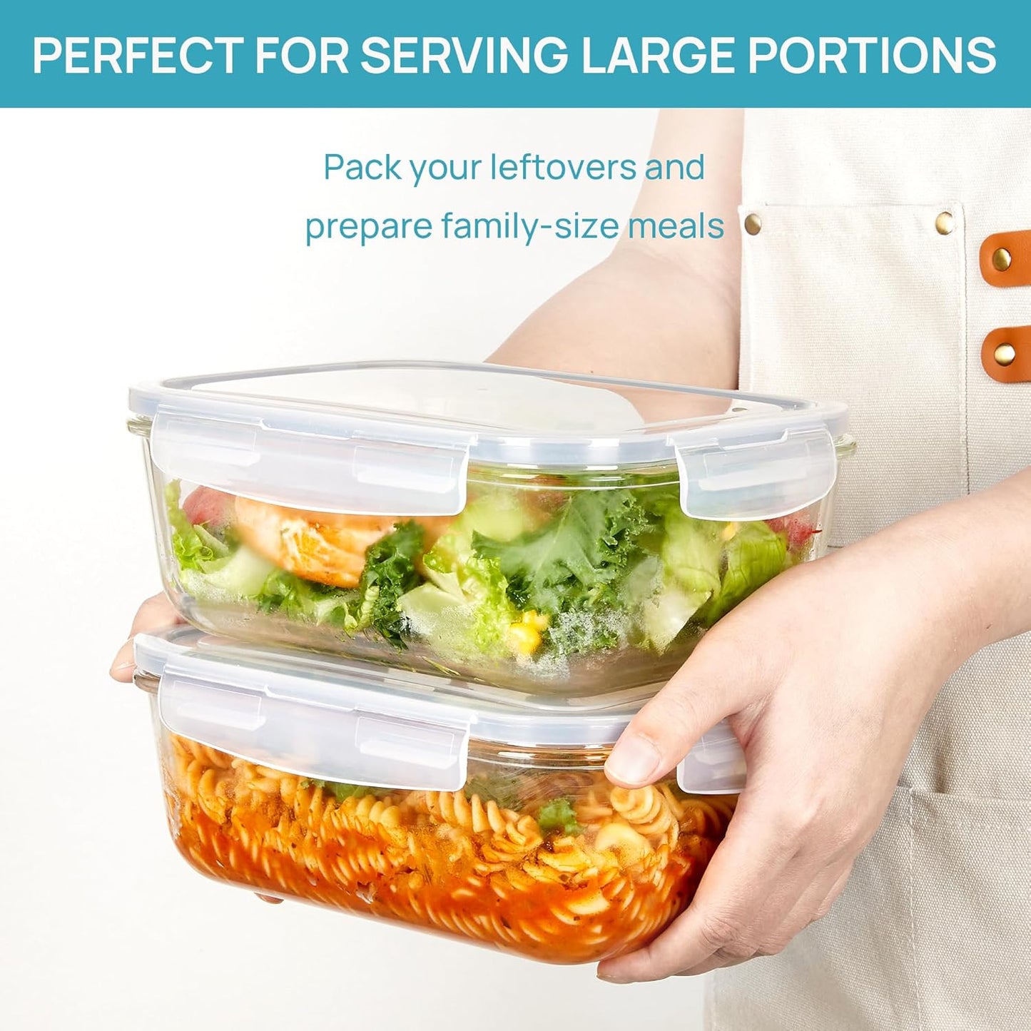 Vtopmart Large Glass Storage Containers - 2 Pack 1860ml | Airtight Meal Prep Set with Snap Lids, Grey